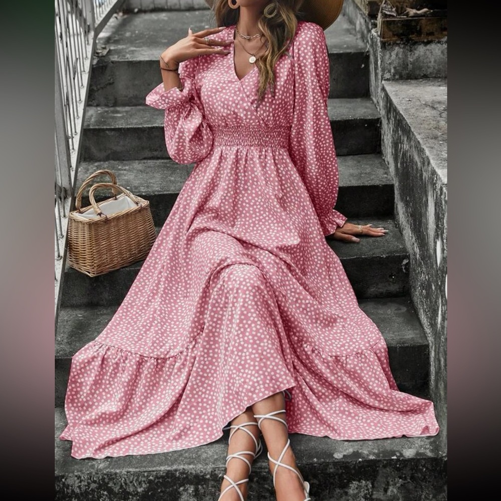 Boho polka dots flounce sleeve ruffle hem maxi dress fall